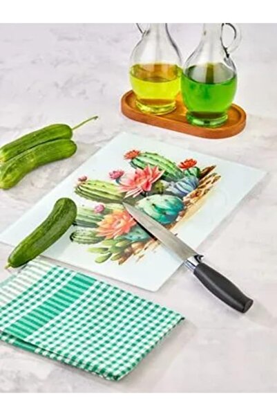 Yıldızan Msa Shop Cactus Patterned Tempered Glass Cutting Board, for Kitchen,...