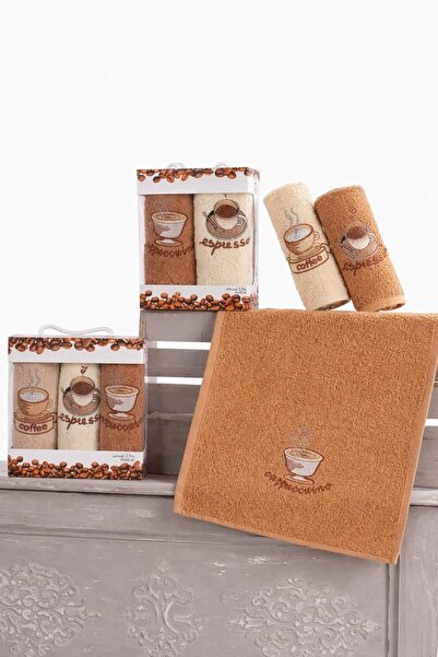 Yıldızan Embroidered 3-Piece Kitchen and Hand & Face Towel Set 30X50 cm Coffe...