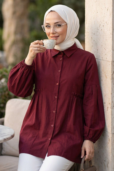 N.S NEVA STYLE Buttoned Burgundy Hijab Tunic 20377Br