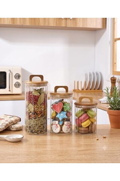 Yıldızan Nry Shop Set of 3 Acacia Lid Striped Borosilicate Glass Jars - Vacuu...