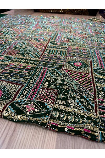 OsmanKumaşDantel Yoğun Kanaviçe Taşlı İşlemeli Şifon Kumaş (200 x 100 )