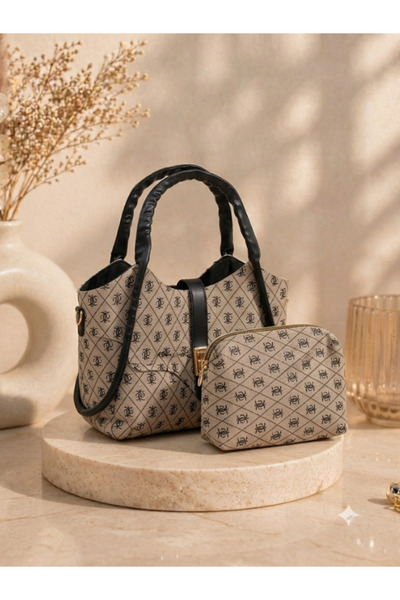 YakupBabada Monogram Desenli Kadın Çanta ve Makyaj Çantası İkili Set - Siyah ...