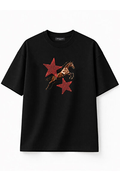 Fer Valiant Tricou unisex Star Horse cu imprimeu cu strasuri, supradimensiona...