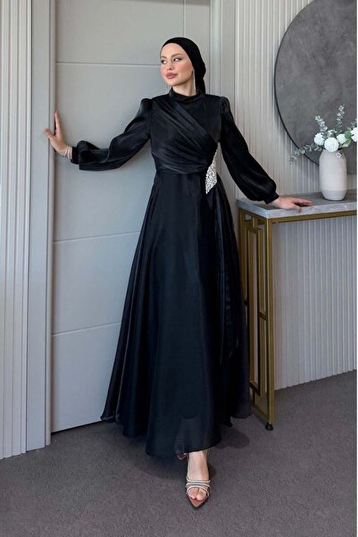 Şulemoda Giyim Crystal Drape Detail Evening Dress Black