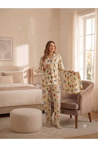 Genenic Women's Cotton Pajamas with Rural Print - 3 Piece Set (Shirt + Pants ...