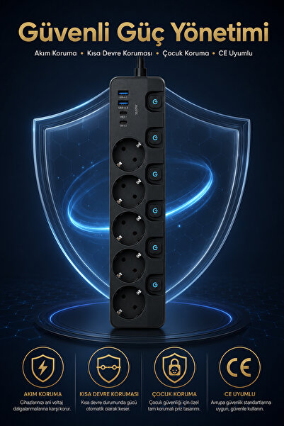 The Wlue 5’li Akım Korumalı Çoklu Priz | 3680W | 2xUSB-A | 2x Type-C | PD 20W Hızlı Şarjlı | 2 Metre Kablolu