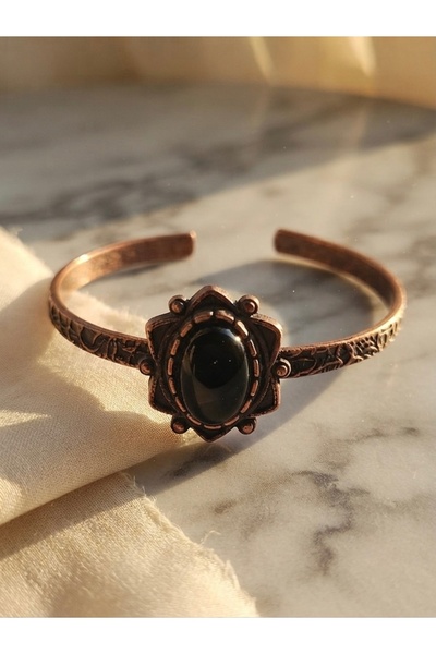 Meneva Aksesuar Onyx Natural Stone Special Design Adjustable Copper Bracelet