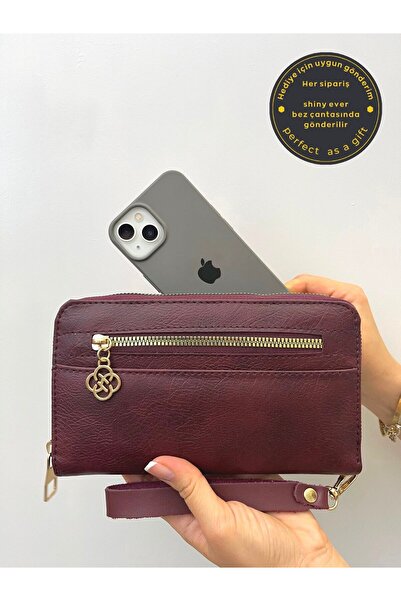 shiny ever Burgundy Leather Women's Wallet Handbag with Wrist Strap and Gold ...