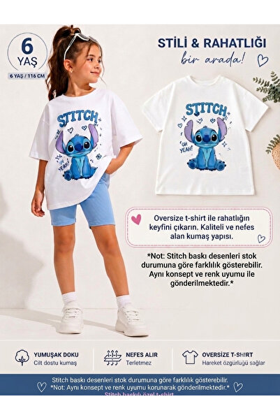 STuran design Stitch Baskılı Kız Çocuk Basic Beyaz Tişört