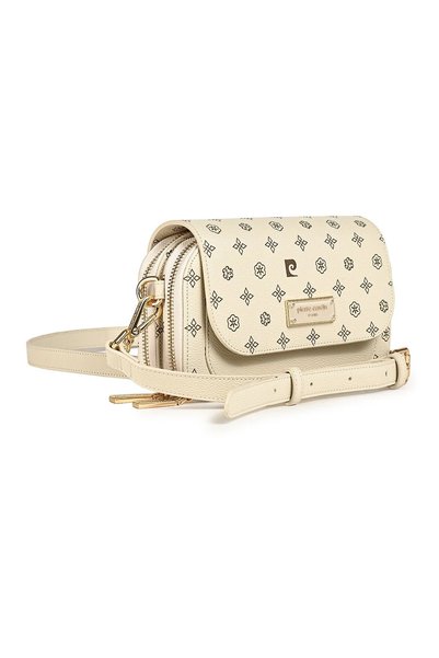 Pierre Cardin Women's Monogram Patterned Multi-Compartment Bag with Heart Accessories, Flap Closure, Zipper Closure, Adjustable Shoulder Strap