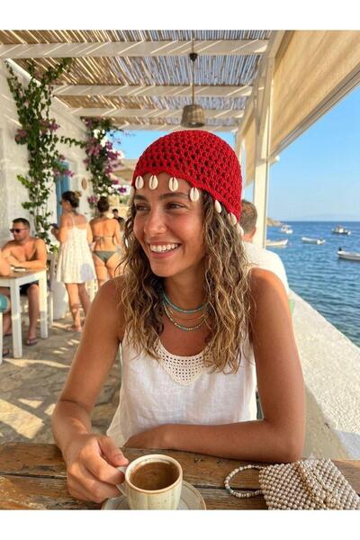 alinastore Seashell Detailed Mesh Knit Beanie Hat Bandana