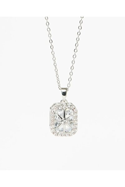 Silver Kristal Taşlı Ortası Çarkıfelek Kare Tasarım Çelik Kolye