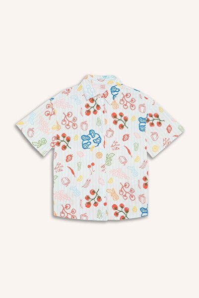 DeFacto Regular Fit Tropical Patterned Poplin Short Sleeve Beach Shirt F5496A...