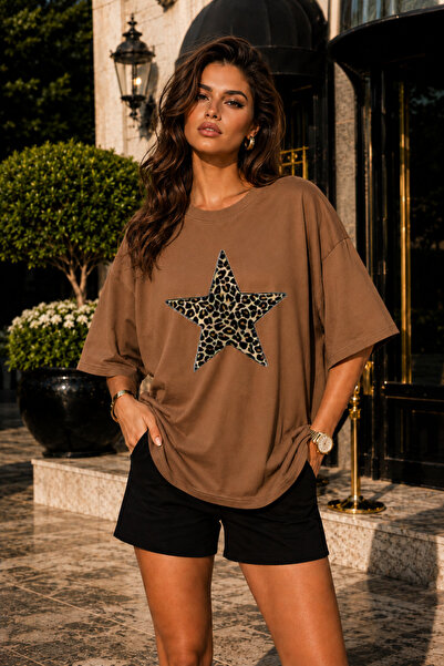 FECCY Premium Leopard Star Printed Oversize Women's T-Shirt Cotton Oversize T...