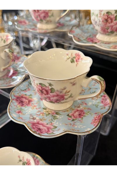 LOKMAN ZÜCCACİYE SHOWROOM 6-Piece Flowered First Class Porcelain Coffee Cup Set 90 ml