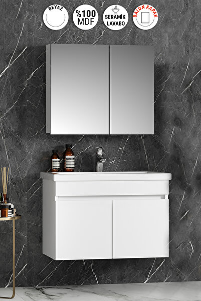 ÖZCEDEN Çiğdem 80 cm Beyaz Balon MDF Seramik Lavabolu Asma Banyo Dolabı Takımı