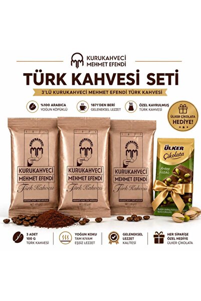 Mehmet Efendi Türk Kahvesi 100 g x 3 + Ülke Antep Fıstıklı Çikolata Hediyeli ...