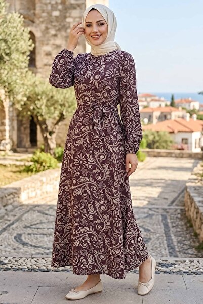 TOFİSA Desenli Kuşaklı Elbise Kahve - 28489-KAHVE