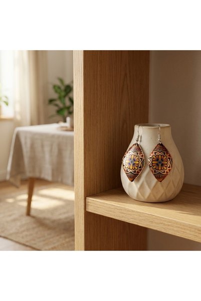 Erol Bakır Copper Multicolor Floral Pattern Dangle Earrings