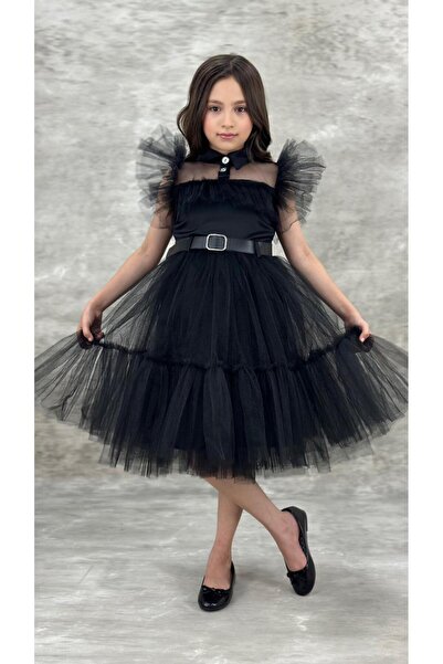 pistyle Girl's Black Belted High-Neck Tulle Evening Dress and Graduation Wedn...