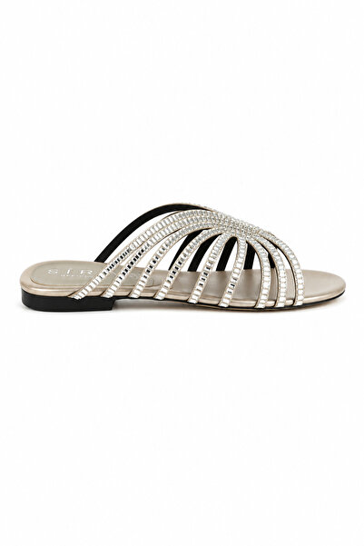 Sira Official Shine Beige Stone Embroidered Satin Slippers