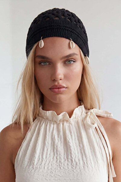 Trend Alaçatı Stili Women's Dark Black Sea Shell Sequin Embroidered Beret Alc...