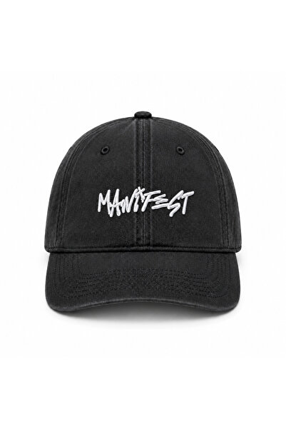 Genel Markalar Siyah Manifest Nakışlı Şapka – Ayarlanabilir Unisex Kep