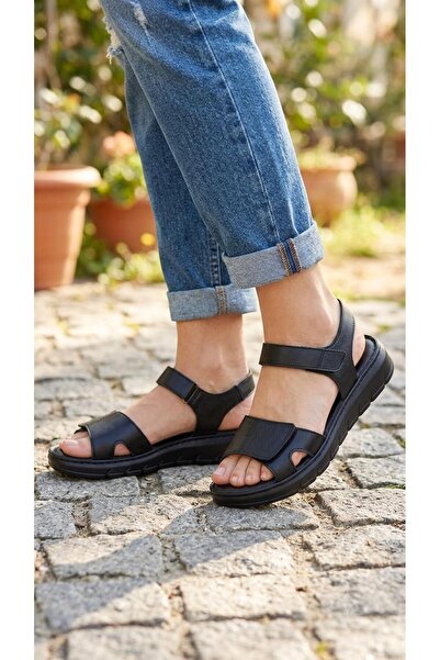 PUNTO 678169 Black Genuine Leather Velcro Comfort Sandals