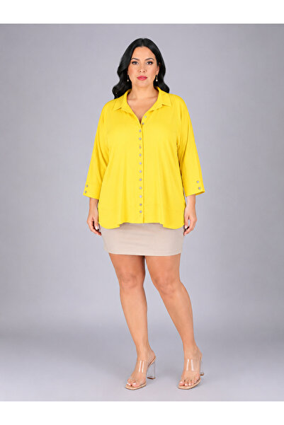 DARKWIN Plus Size Shirt Lapel Button Casual Cut Long Sleeve Women's Shirt