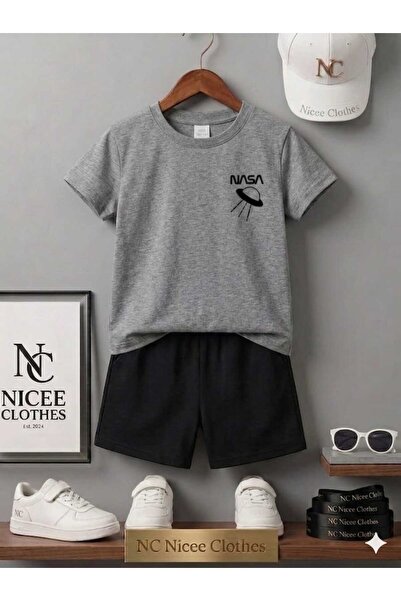 NC Nicee Clothes تي شيرت صيفي للأطفال شورت يونيسكس (مظلة ناسا صغيرة باللون ال...