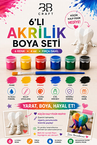BB Craft 6'lı Akrilik Boya Seti (4 ml x 6) Fırça ve Mini Figür Hediyeli