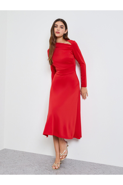 Take Two By Styli Red Asymmetric Neck A-Line Midi Dress
