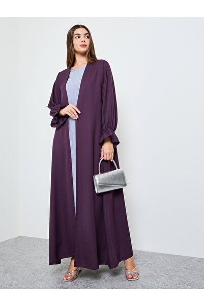 Amirah By Styli Purple Solid Frill Sleeves Front Open Abaya