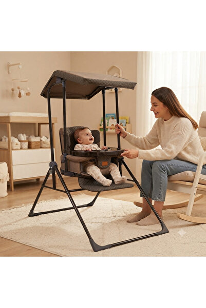 Shadow Size SHADOW LİNEN keten Salıncak - Kademeli -keten Kumaş -mama Tablalı Salıncak - Mama Sandalyesi - Bebek Salıncagi - KAHVE
