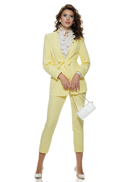 Fofy Compleu dama elegant galben sacou cu revere si cordon pantalon conic