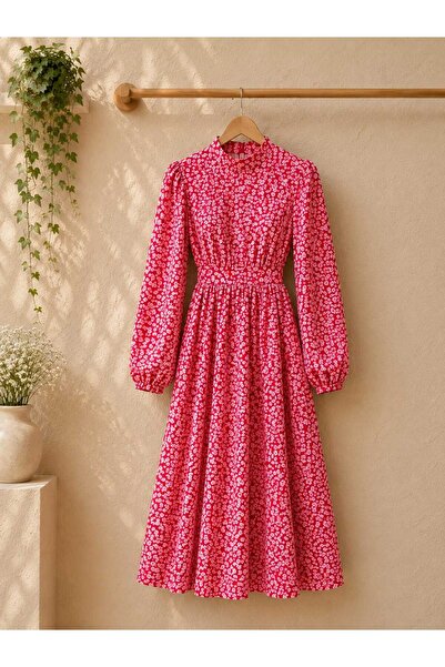 KÜÇÜĞÜM BUTİK Tesettür Papatya Hakim Collar Red Flared Dress