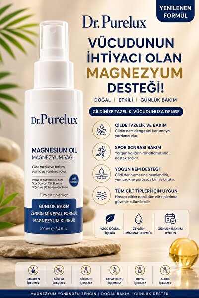Dr.Purelux Magnezyum Yağı - Yorgunluğa Karşı Destekleyici, Kas, Eklem, Boyun ve Tüm Vücut Bölgesi İçin Rahatlatıcı Masaj Spreyi 100 ml