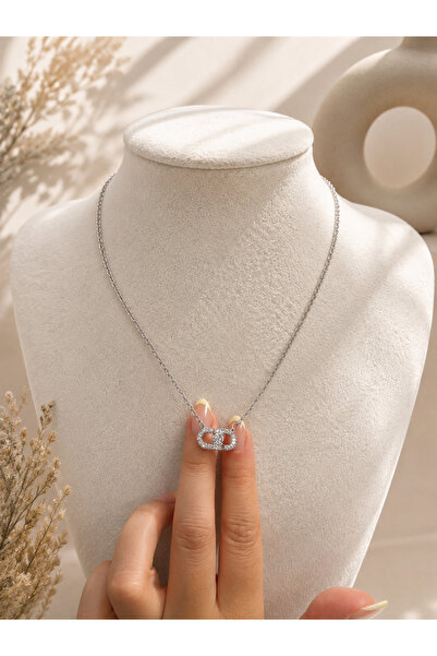 Kelira Silver Steel Necklace |   Modern Link Design with Zircon Stones |   Di...