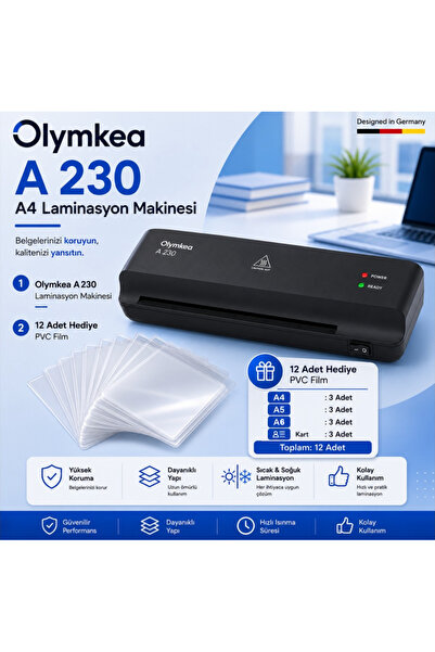 Olymkea A230 A4 Laminasyon Makinası&Siyah 12 Adet PVC Film Hediyeli