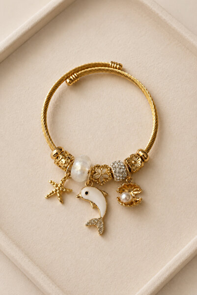 PABALAS Women's Gold Steel Charm Bracelet with Starfish, Dolphin, Pearl and S...