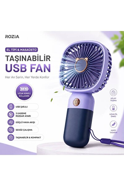 ROZIA USB Şarjlı Mini El Vantilatörü Taşınabilir Masaüstü Fan 3 Kademeli Sess...