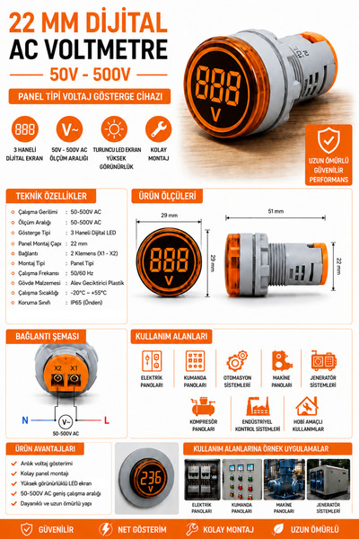 TIANYI DİJİTAL VOLTMETRE AC 50V-500V - SARI