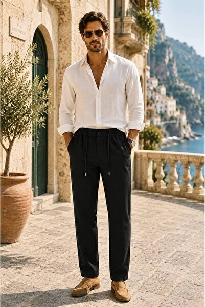Danger Men's Cotton Viscose Fabric Linen-Look Black Trousers - 216Dngr