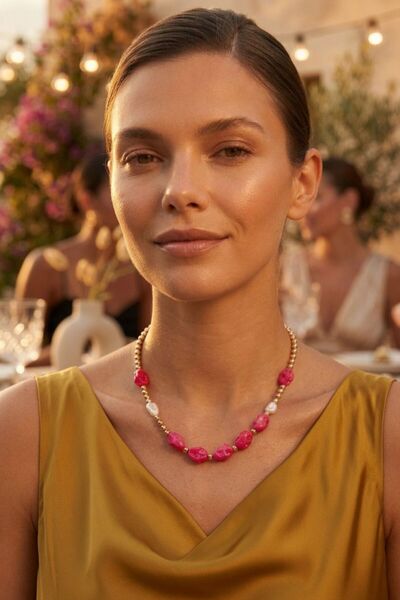 LYKOS Fuchsia Color Metallic Ball Chain Natural Formed Beaded Necklace - Dyna...