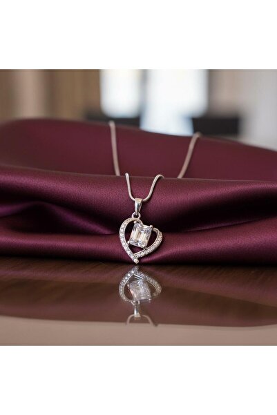 sedoshhomevision Zircon Stone Heart Figured Stainless Steel Necklace Silver C...