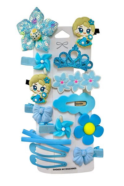 SHEKER HOME 14-Piece Girls' and Baby Hair Clip Set Blue Princess Crown Bow Fl...