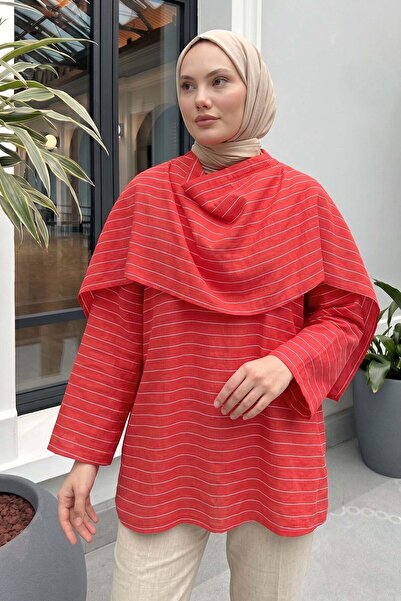 zenne Striped Tunic with Shawl Detail Y0153 - Light Red