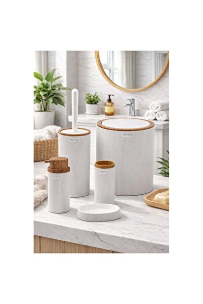 Empressco White Wooden Patterned Striped Round 5-Piece Bathroom Set