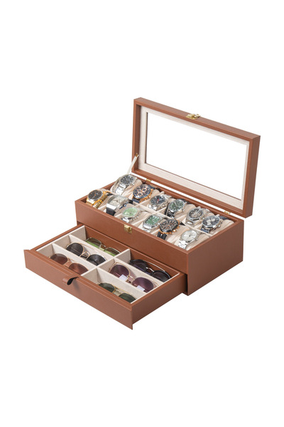 Güner Ofis Leather Organizer Box with Drawers and Glass Lid, with 12 Watch Co...