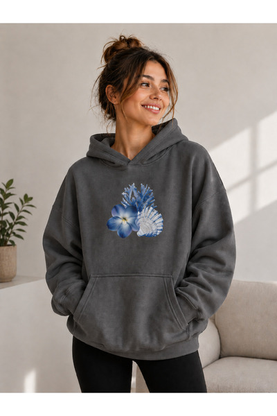 caddekombin Women's Blue Floral and Seashell Printed Hooded Sweatshirt with K...